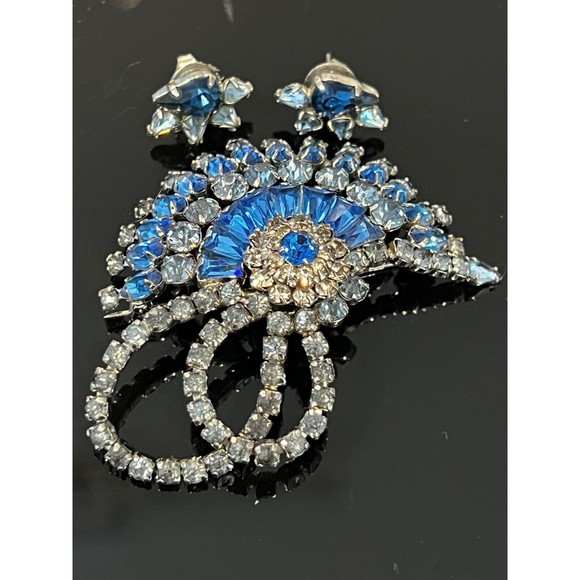 Vintage Sherman Brooch Earrings Dome Signed Blue Rhinestones Crystal Swarovski - Picture 3 of 14